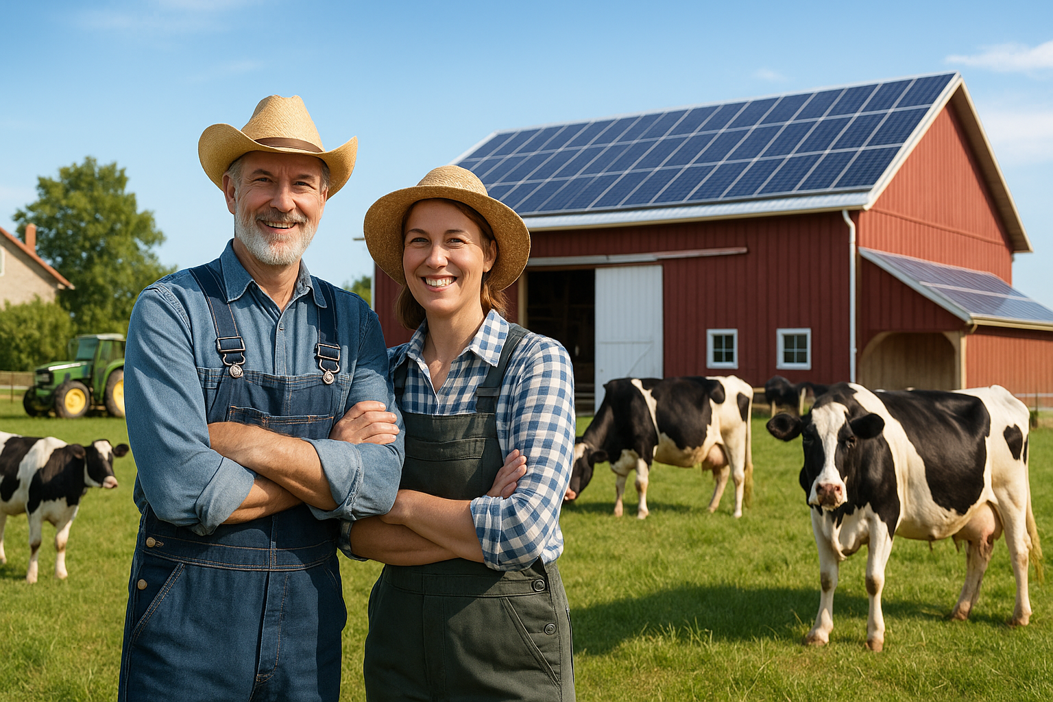 Landwirtschaftliches Paar vor dem Bauernhof (KI)